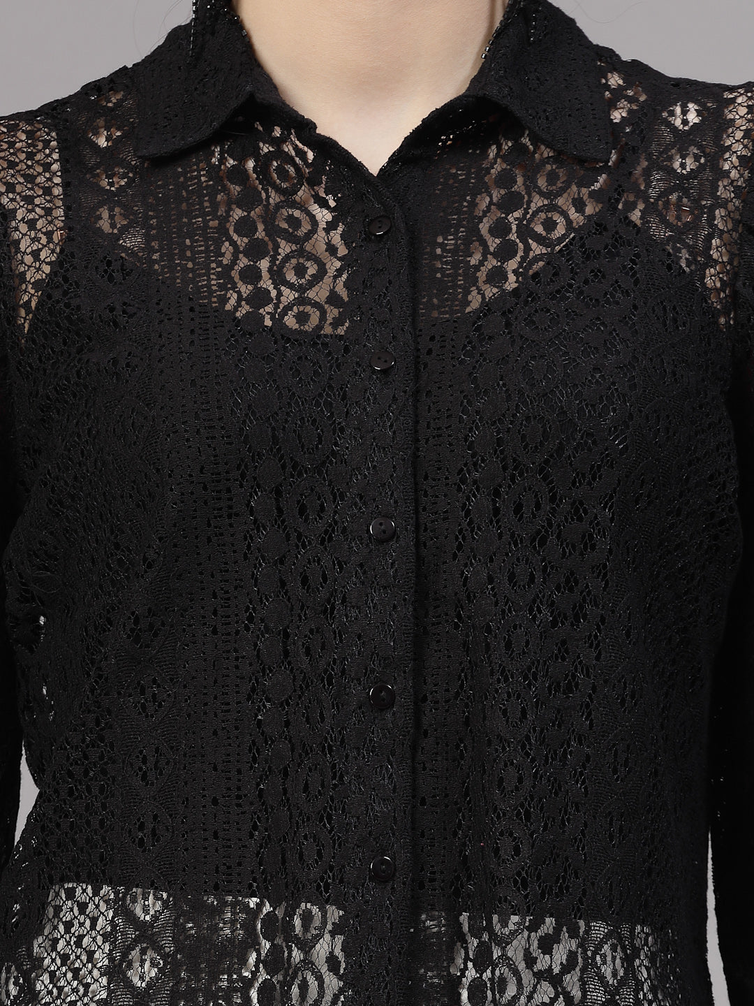 Style Quotient Women Black Lace Power Sleeve Smart Shirt-Shirts-StyleQuotient