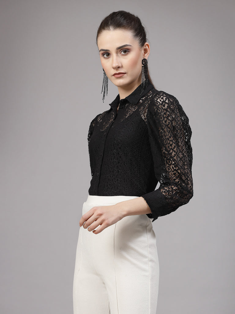 Style Quotient Women Black Lace Power Sleeve Smart Shirt-Shirts-StyleQuotient