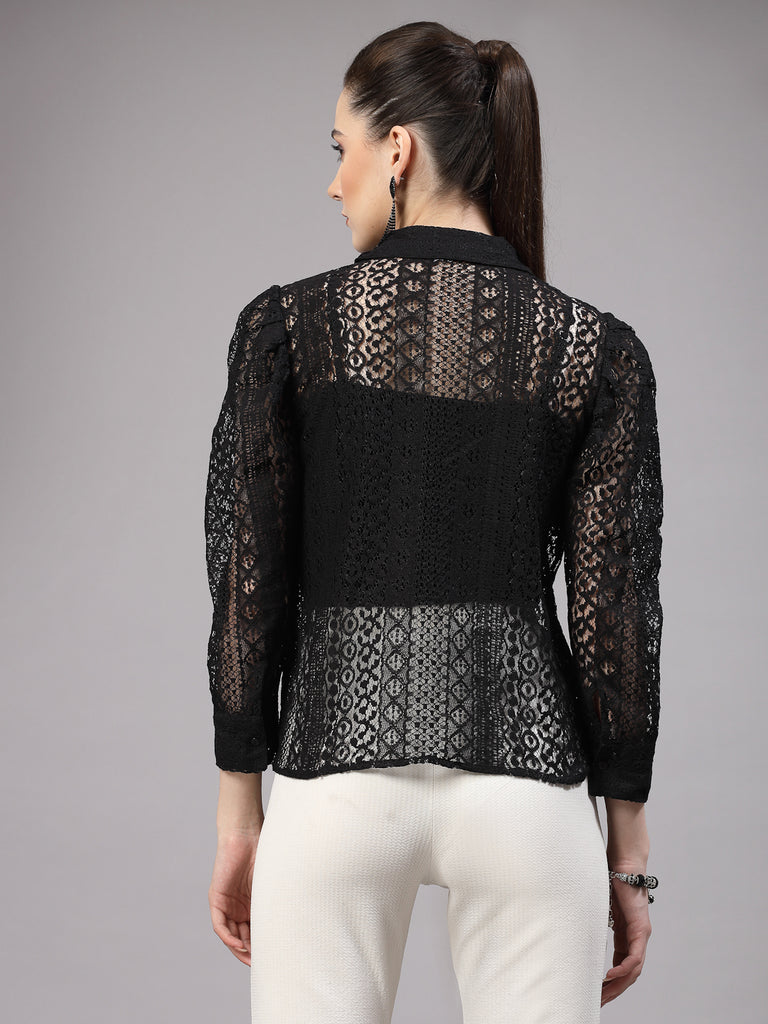 Style Quotient Women Black Lace Power Sleeve Smart Shirt-Shirts-StyleQuotient