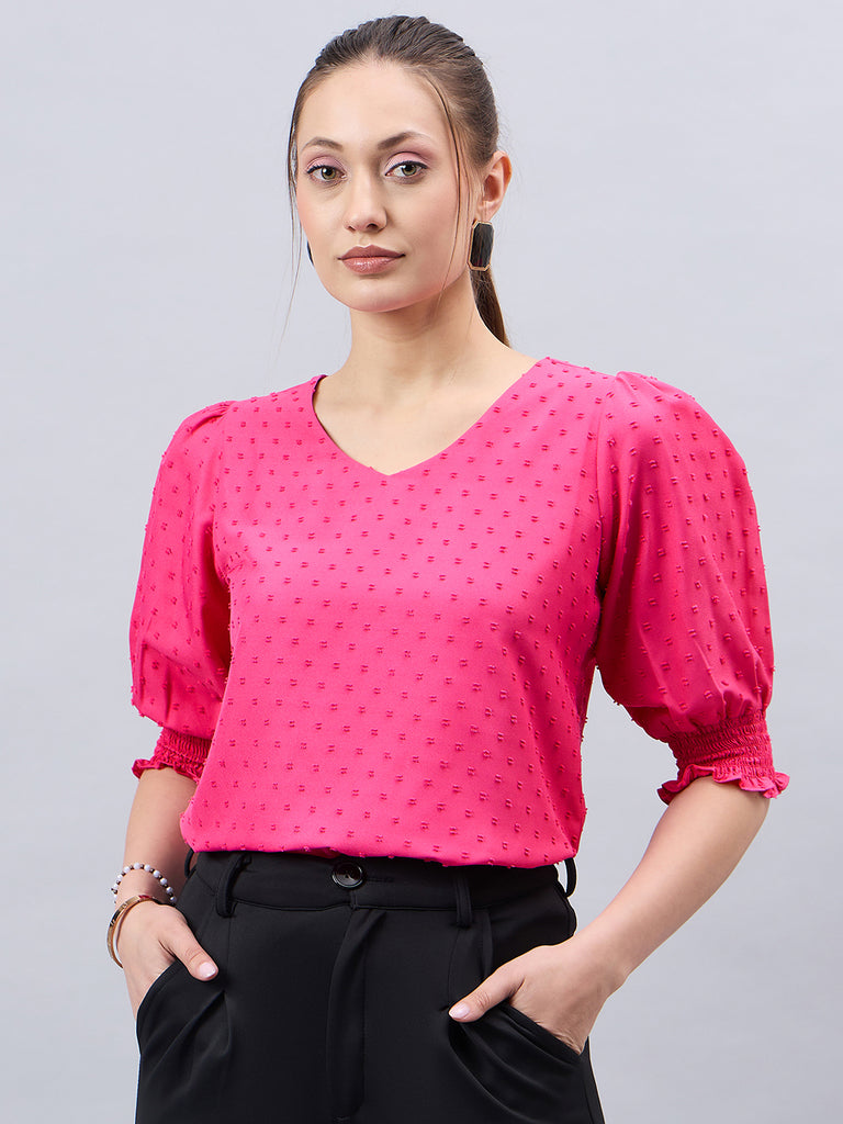 Style Quotient Womens Solid V-neck Puff Sleeve Top-Tops-StyleQuotient