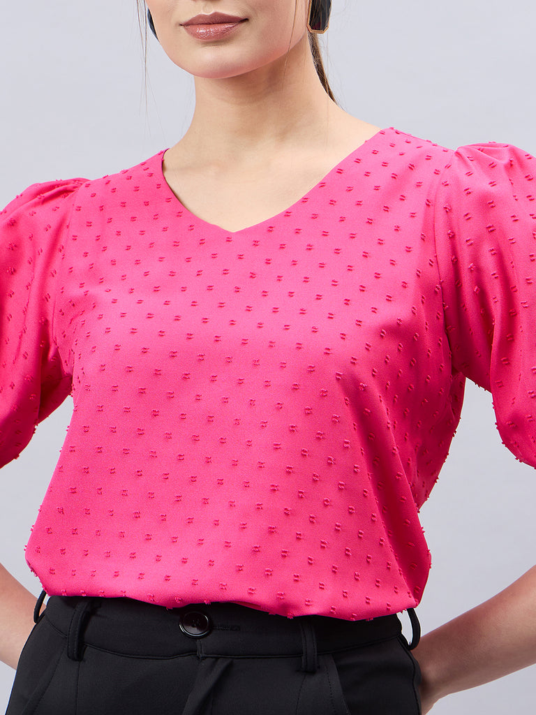 Style Quotient Womens Solid V-neck Puff Sleeve Top-Tops-StyleQuotient