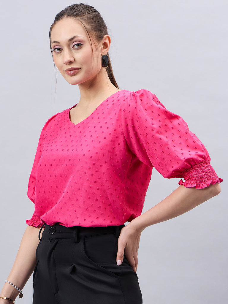 Style Quotient Womens Solid V-neck Puff Sleeve Top-Tops-StyleQuotient