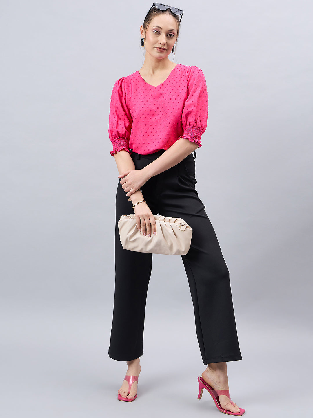 Style Quotient Womens Solid V-neck Puff Sleeve Top-Tops-StyleQuotient