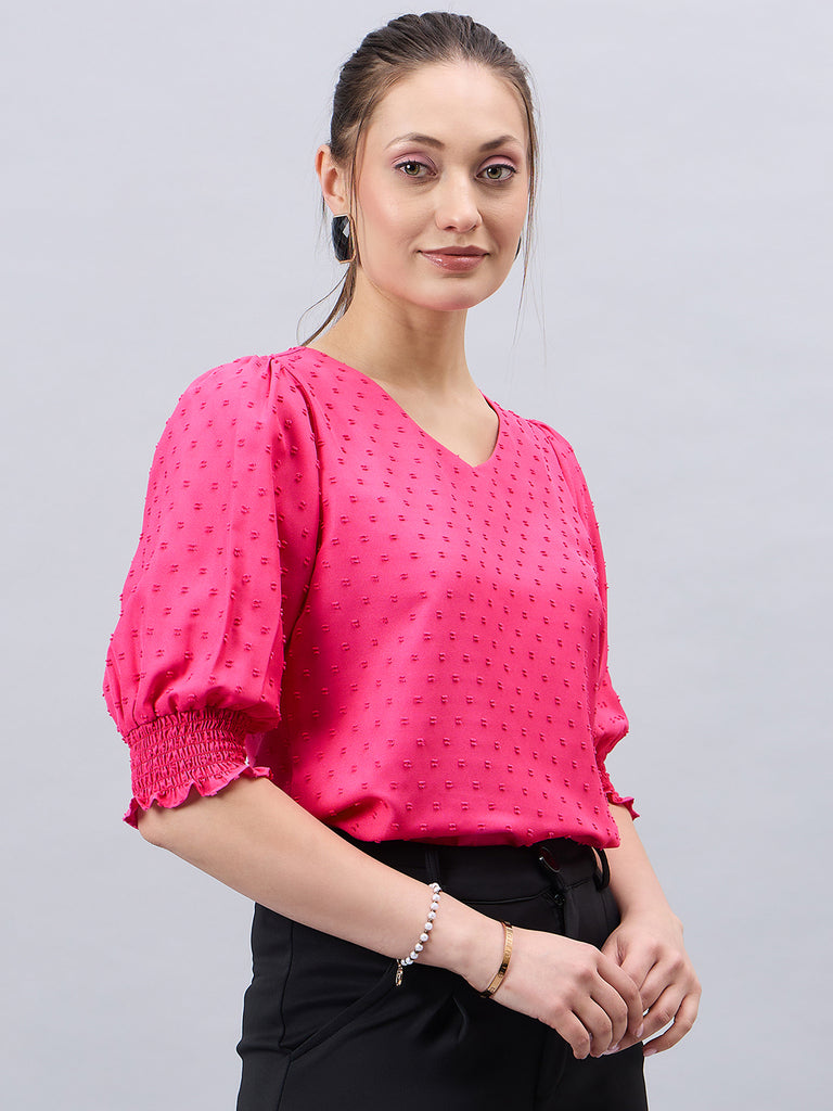 Style Quotient Womens Solid V-neck Puff Sleeve Top-Tops-StyleQuotient