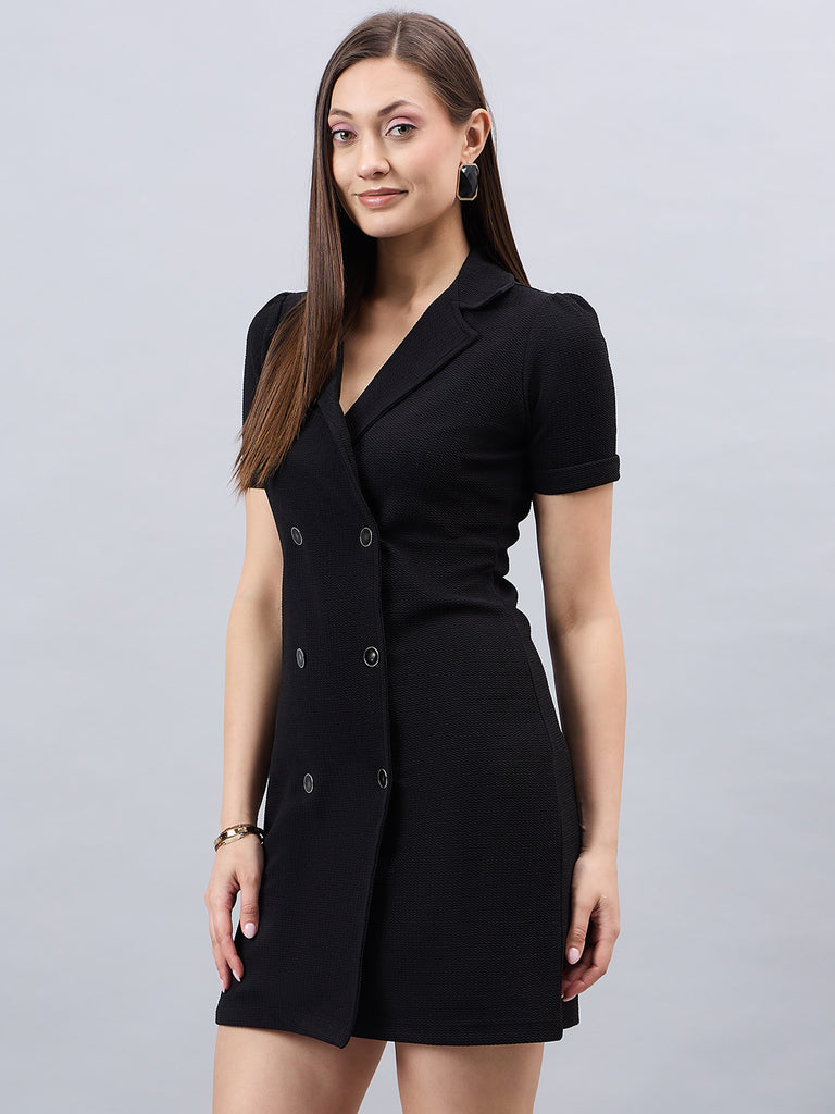 Style Quotient Women Solid Black Texture Polyester Regular Fit Semi Formal Blazer Dress-Dresses-StyleQuotient