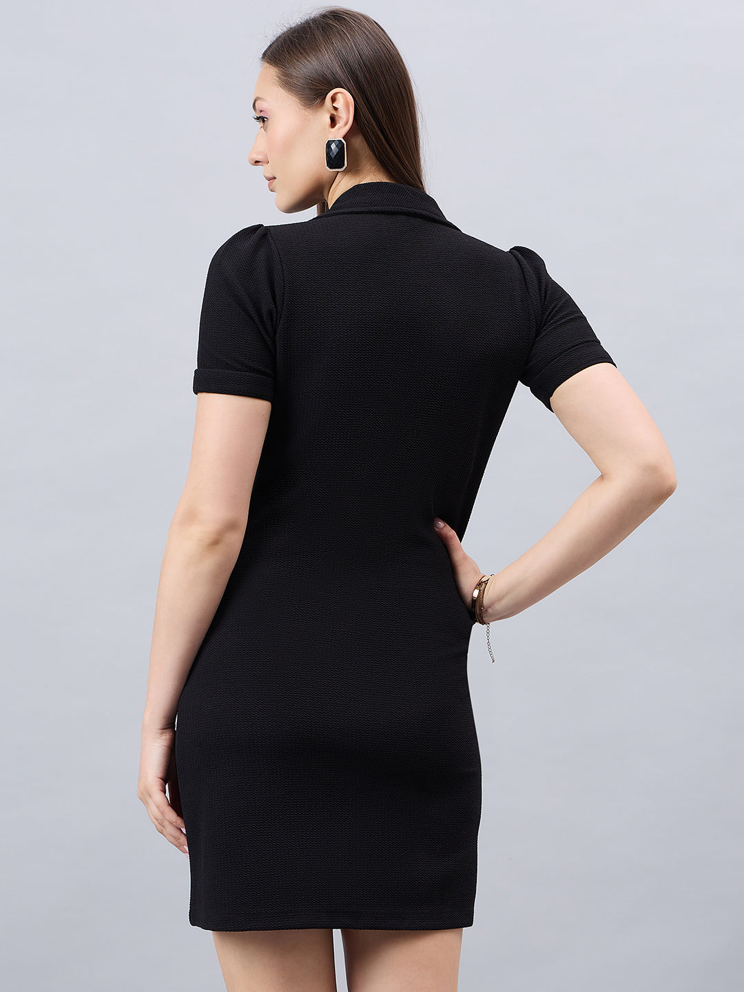 Style Quotient Women Solid Black Texture Polyester Regular Fit Semi Formal Blazer Dress-Dresses-StyleQuotient