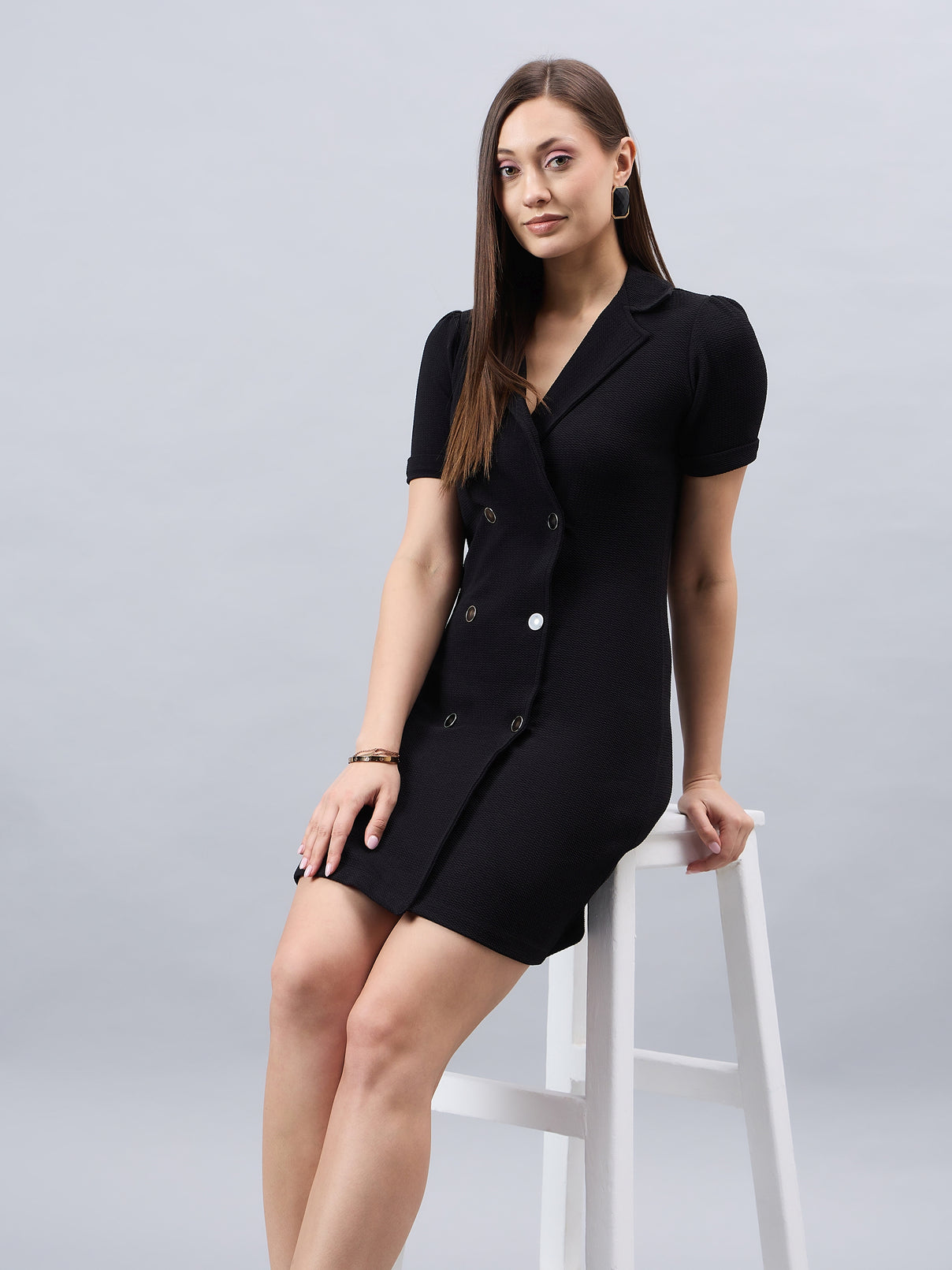 Style Quotient Women Solid Black Texture Polyester Regular Fit Semi Formal Blazer Dress-Dresses-StyleQuotient