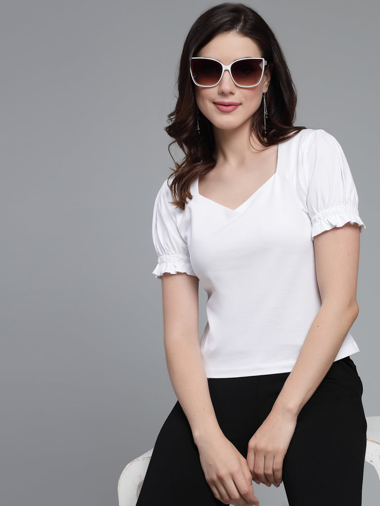 Style Quotient Women Solid White Cotton Knit Smart Casual Top-Tops-StyleQuotient