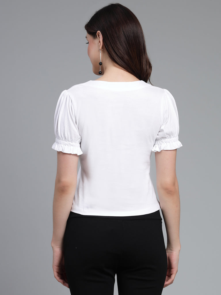 Style Quotient Women Solid White Cotton Knit Smart Casual Top-Tops-StyleQuotient