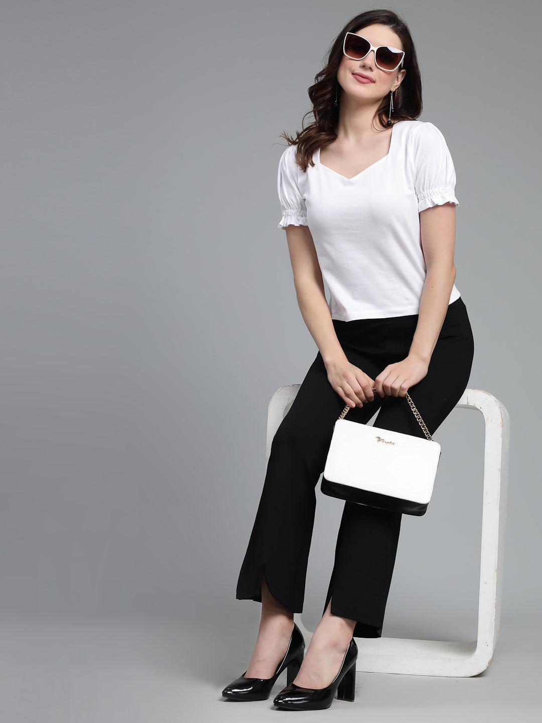 Style Quotient Women Solid White Cotton Knit Smart Casual Top-Tops-StyleQuotient