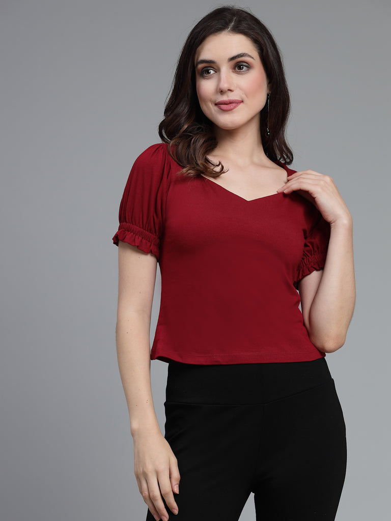 Style Quotient Women Solid Wine Cotton Knit Smart Casual Top-Tops-StyleQuotient