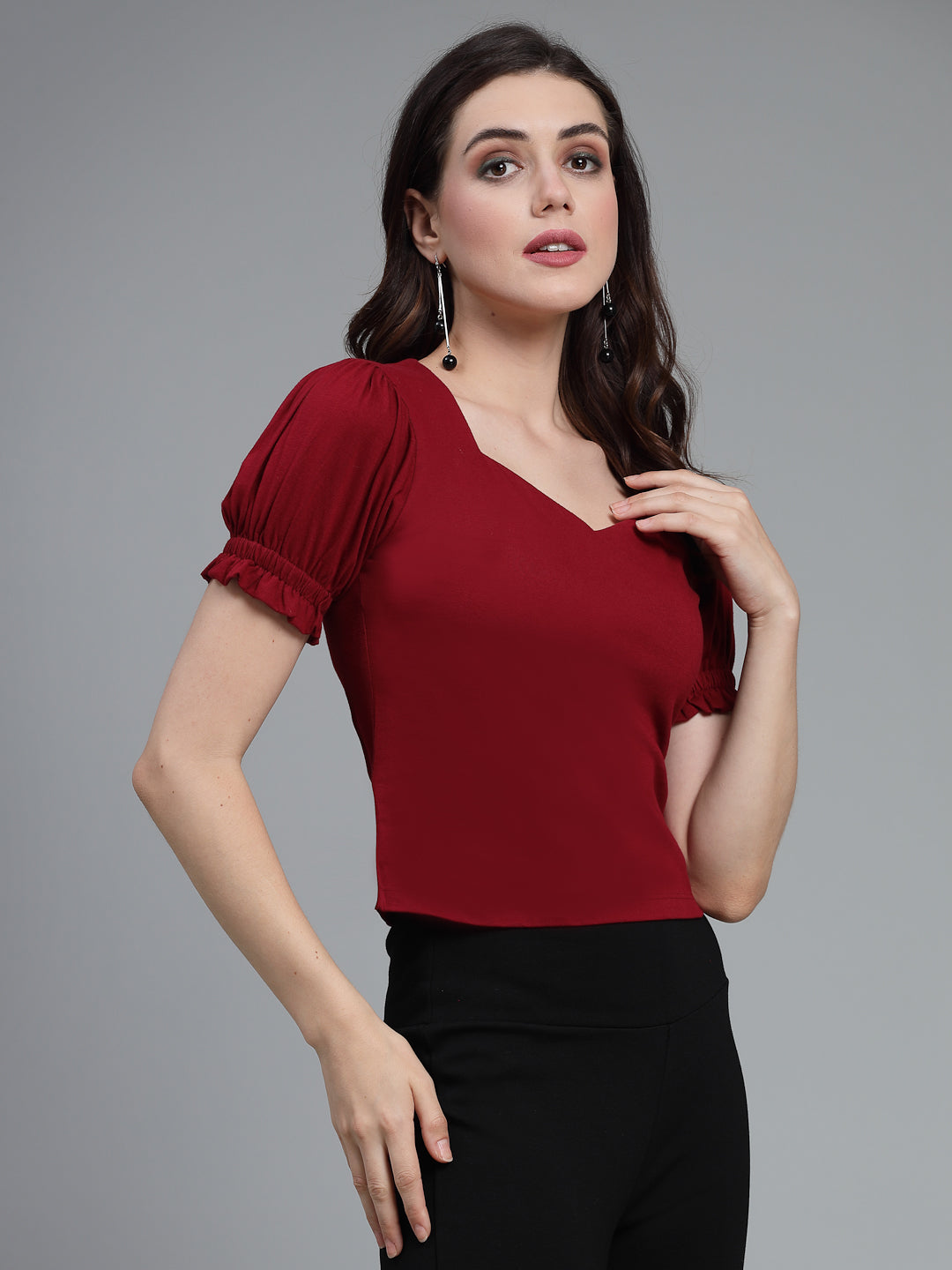 Style Quotient Women Solid Wine Cotton Knit Smart Casual Top-Tops-StyleQuotient