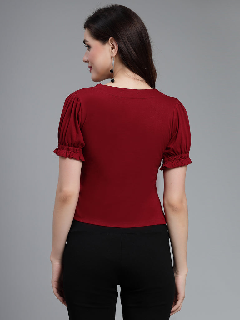 Style Quotient Women Solid Wine Cotton Knit Smart Casual Top-Tops-StyleQuotient