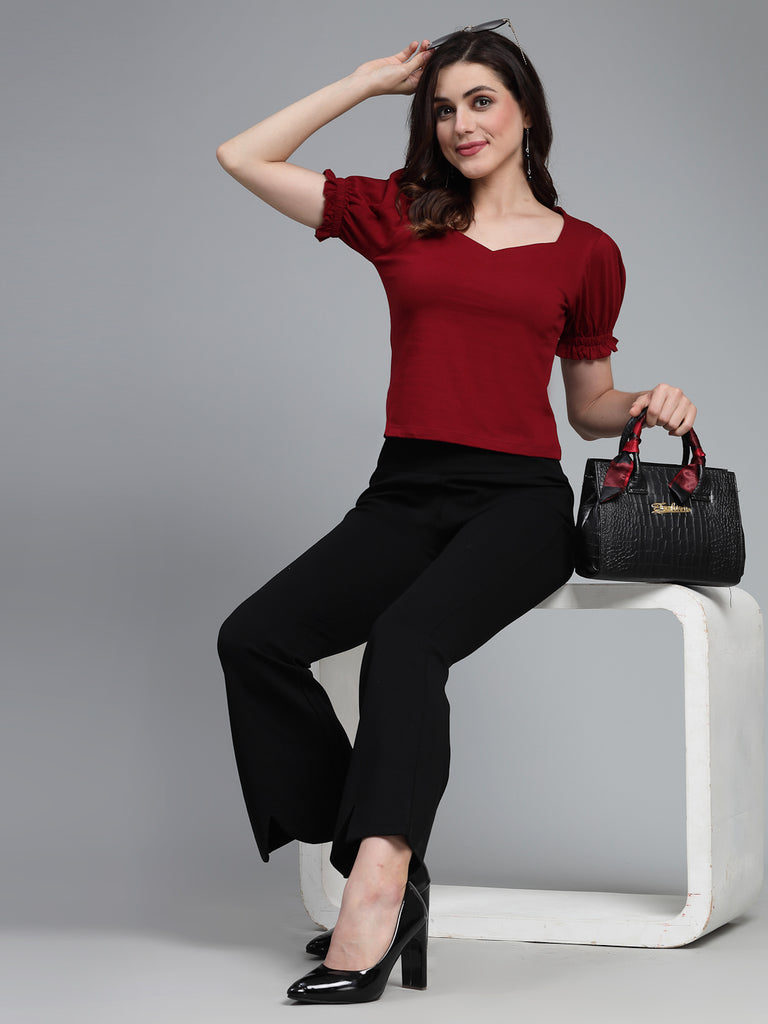 Style Quotient Women Solid Wine Cotton Knit Smart Casual Top-Tops-StyleQuotient