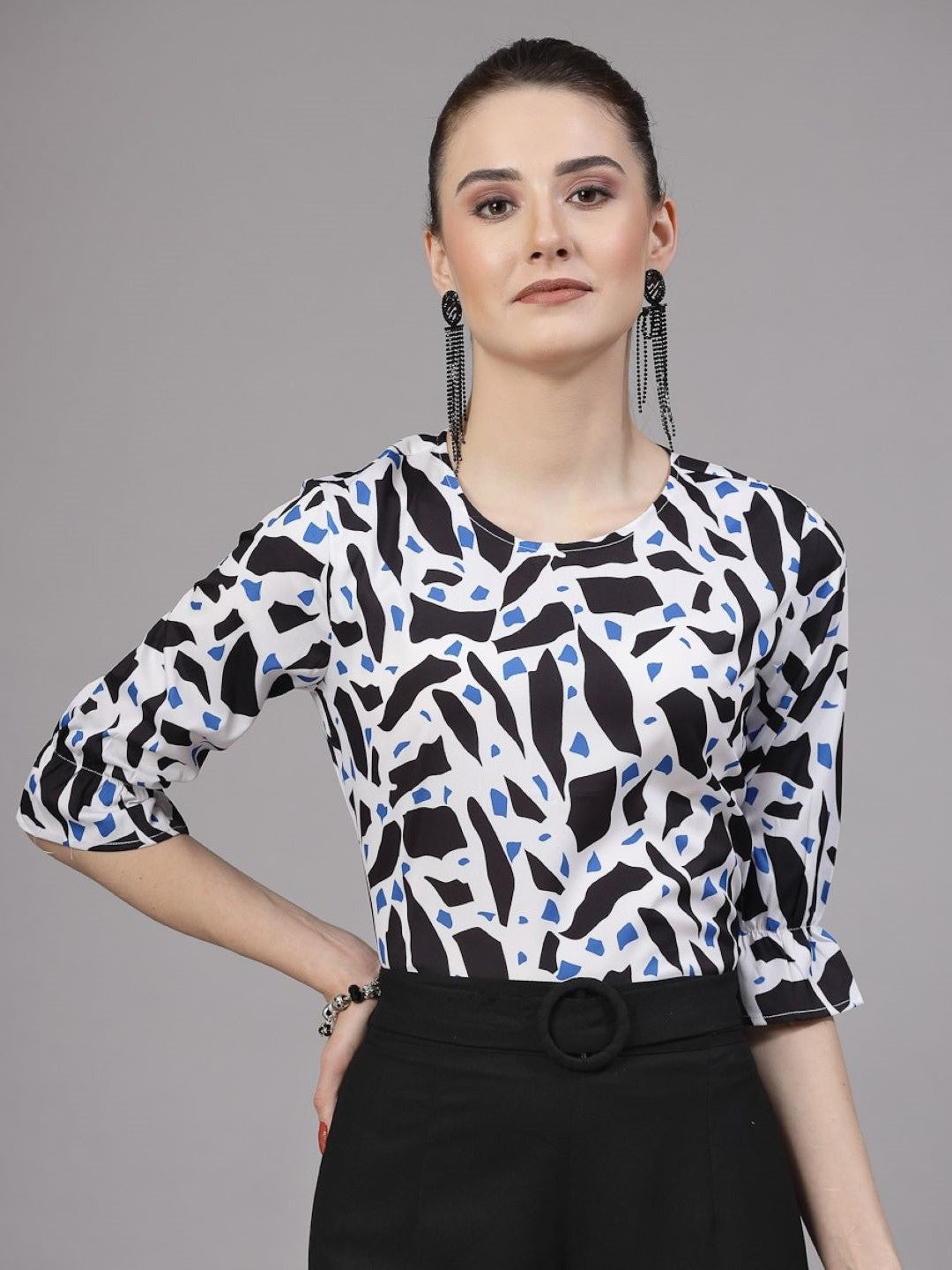 Style Quotient Women Blue and Multi Abstract Printed Smart Casual Top-Tops-StyleQuotient