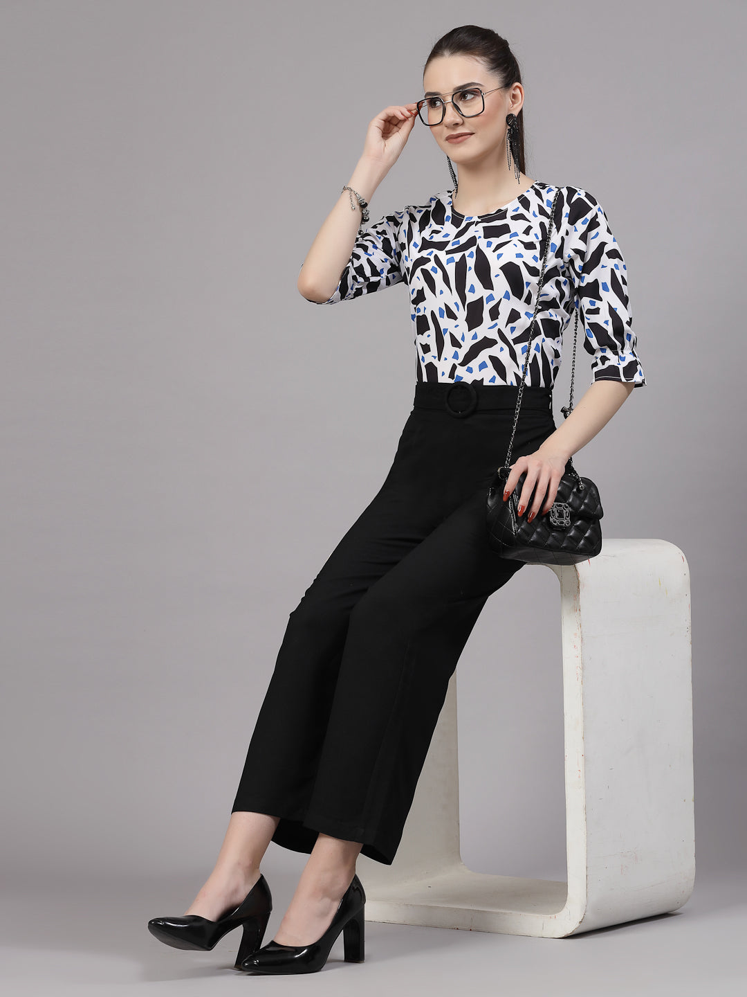 Style Quotient Women Blue and Multi Abstract Printed Smart Casual Top-Tops-StyleQuotient