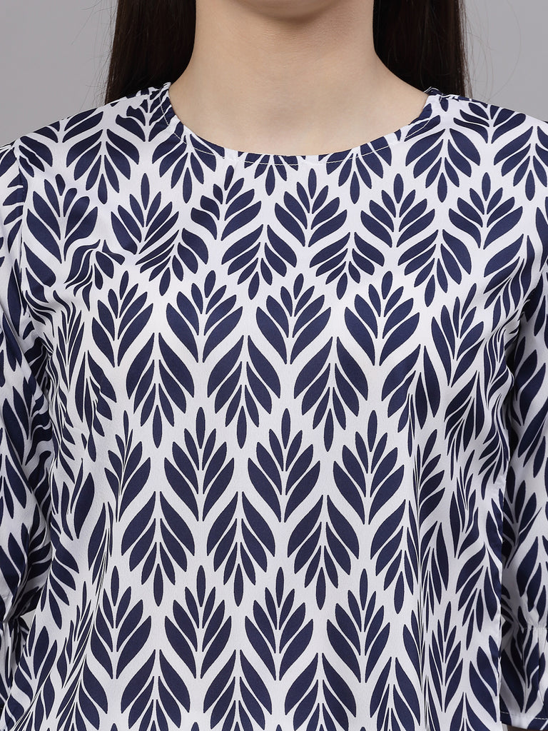 Style Quotient Women Navy and White Damask Printed Smart Casual Top-Tops-StyleQuotient