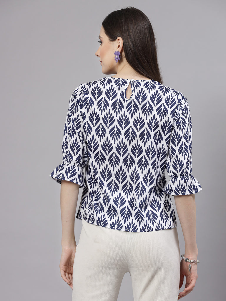 Style Quotient Women Navy and White Damask Printed Smart Casual Top-Tops-StyleQuotient