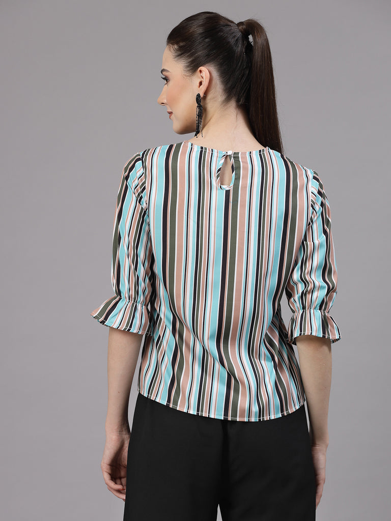 Style Quotient Women Aqua and Multi Striped Regular Casual Top-Tops-StyleQuotient