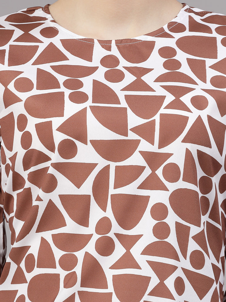 Style Quotient Women Brown and White Geometric Printed Smart Casual Top-Tops-StyleQuotient