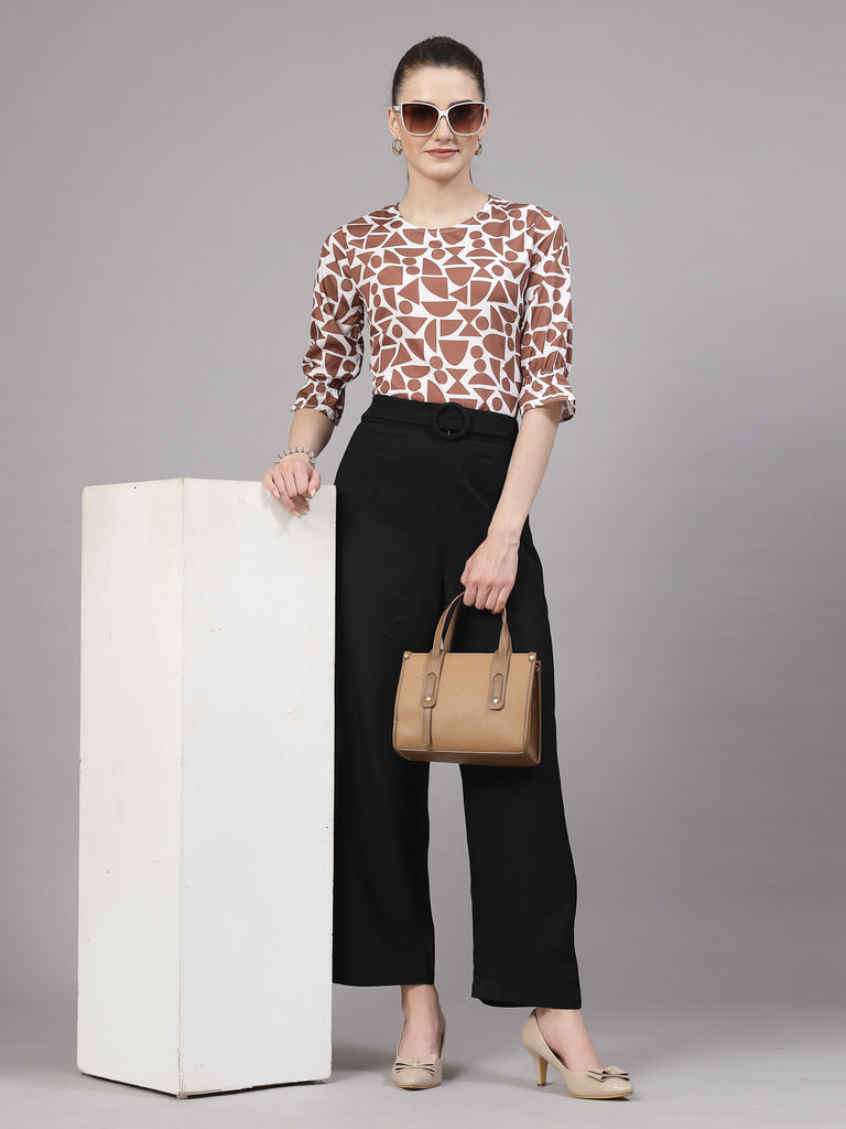 Style Quotient Women Brown and White Geometric Printed Smart Casual Top-Tops-StyleQuotient