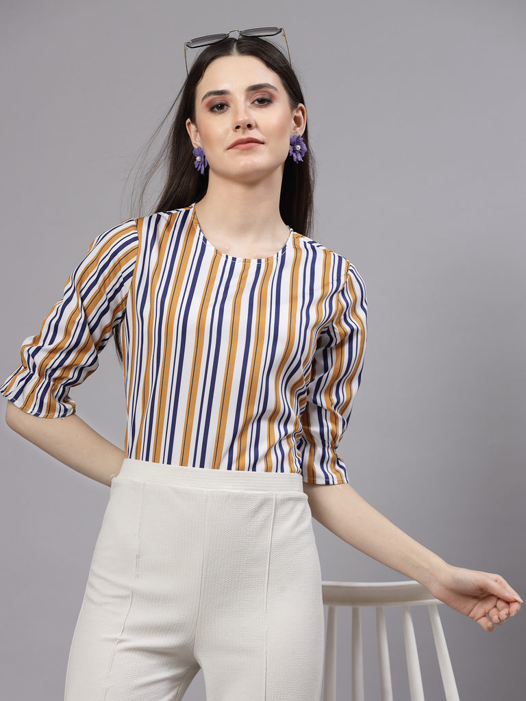 Style Quotient Women Mustard and Navy Striped Regular Casual Top-Tops-StyleQuotient