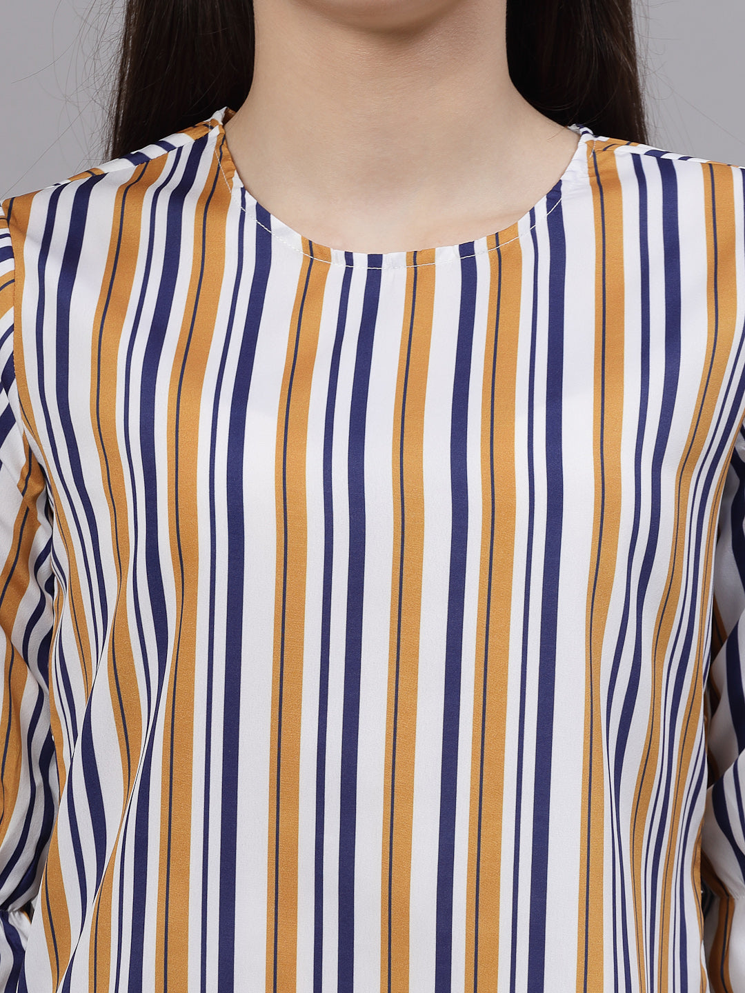 Style Quotient Women Mustard and Navy Striped Regular Casual Top-Tops-StyleQuotient