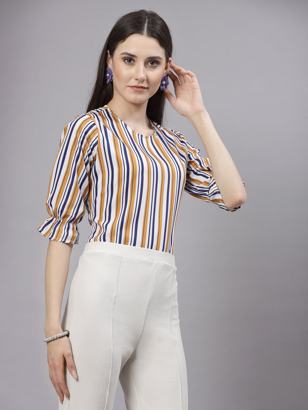 Style Quotient Women Mustard and Navy Striped Regular Casual Top-Tops-StyleQuotient