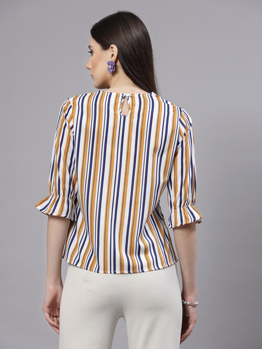 Style Quotient Women Mustard and Navy Striped Regular Casual Top-Tops-StyleQuotient