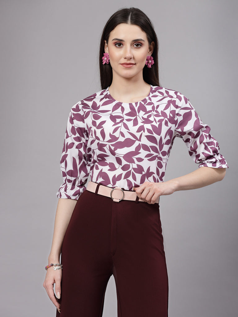 Style Quotient Women Mauve and White Floral Printed Regular Smart Casual Top-Tops-StyleQuotient