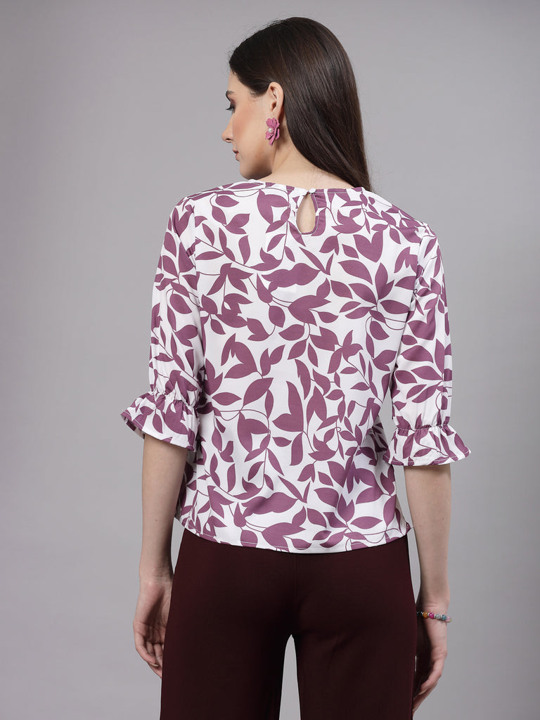 Style Quotient Women Mauve and White Floral Printed Regular Smart Casual Top-Tops-StyleQuotient