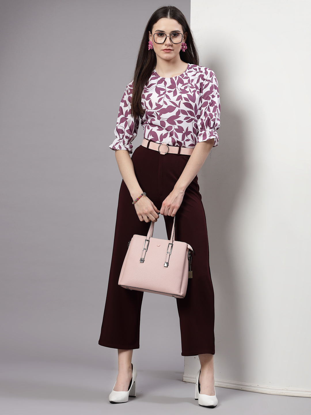 Style Quotient Women Mauve and White Floral Printed Regular Smart Casual Top-Tops-StyleQuotient