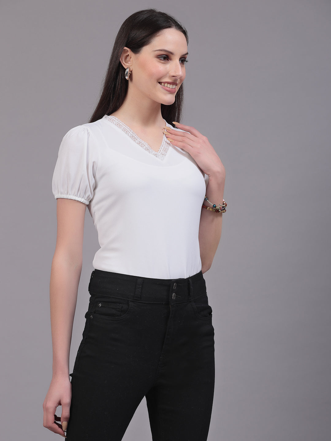 Style Quotient Women Smart White V-Neck Puff Sleeves Smart Top-Tops-StyleQuotient