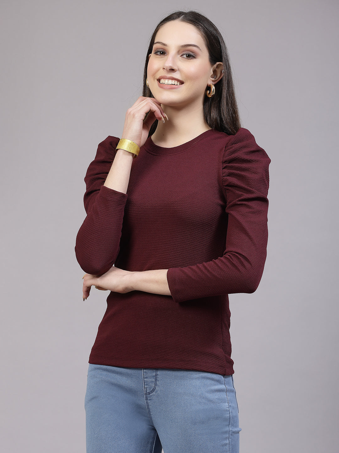 Style Quotient Women Maroon Texture Polyester Slim Fit smart casual Puff Full Sleeve Top-Tops-StyleQuotient