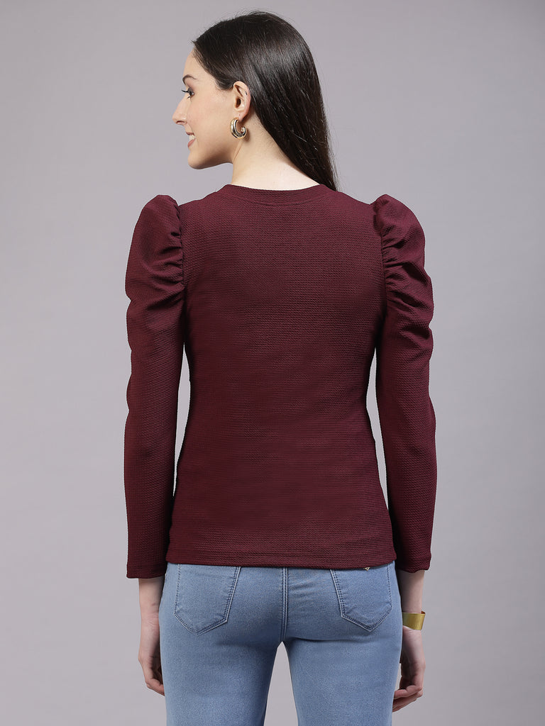 Style Quotient Women Maroon Texture Polyester Slim Fit smart casual Puff Full Sleeve Top-Tops-StyleQuotient