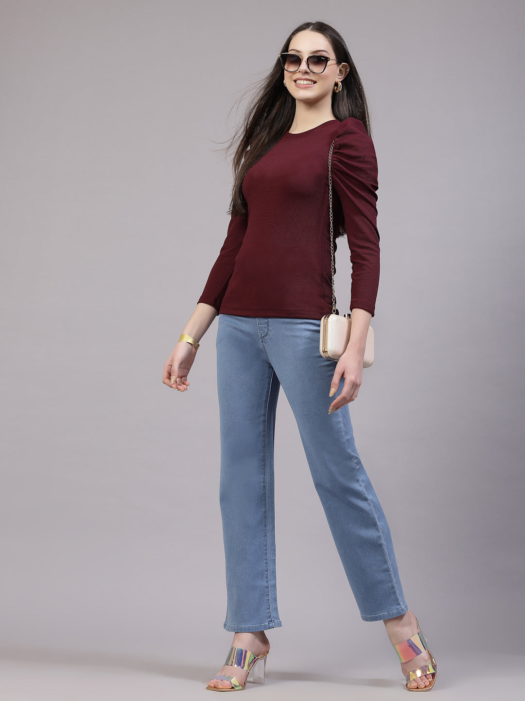 Style Quotient Women Maroon Texture Polyester Slim Fit smart casual Puff Full Sleeve Top-Tops-StyleQuotient