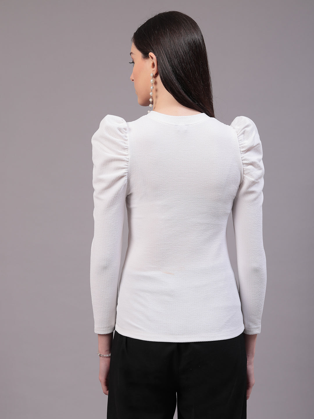 Style Quotient Women White Texture Polyester Slim Fit smart casual Puff Full Sleeve Top-Tops-StyleQuotient