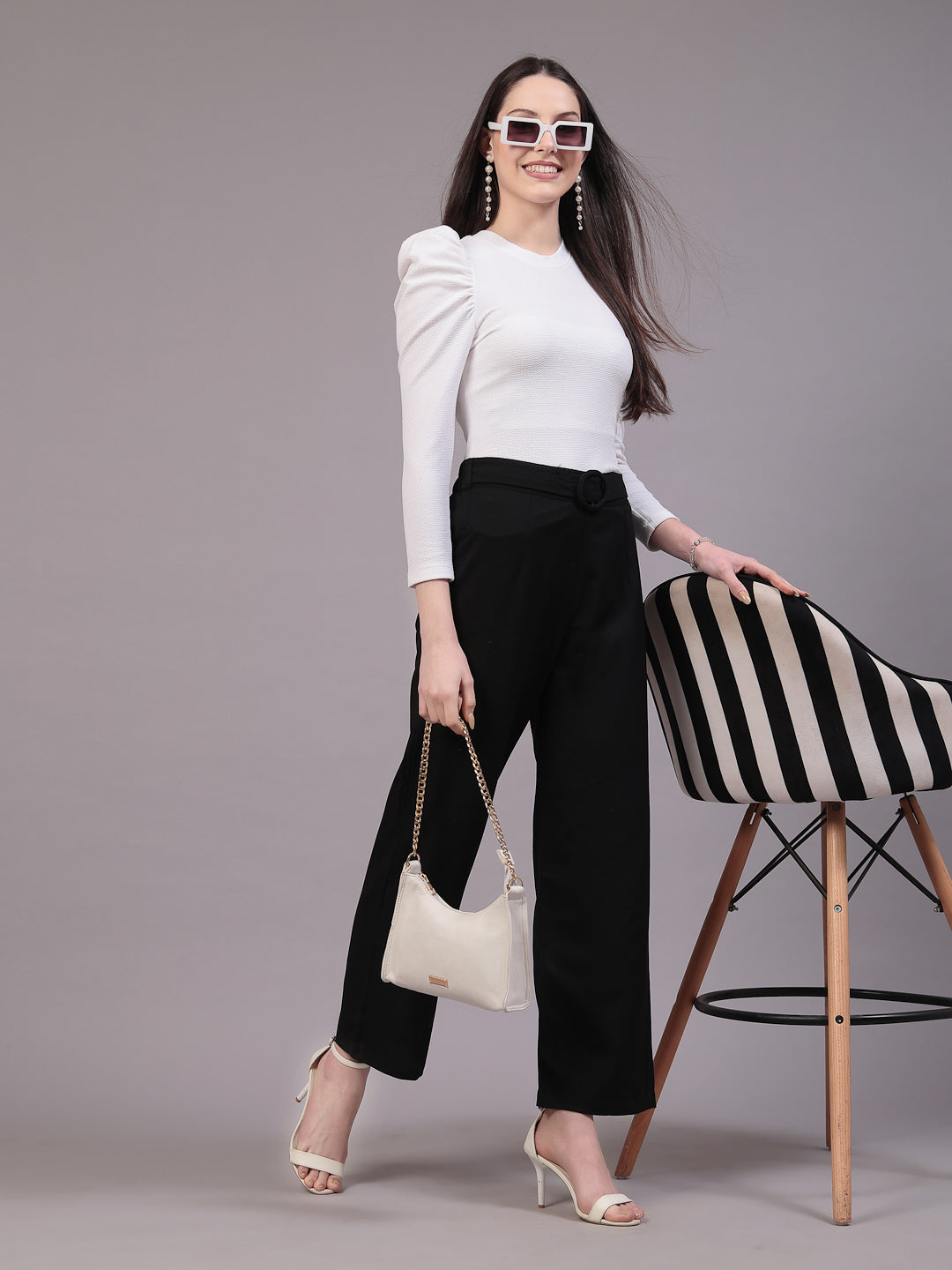 Style Quotient Women White Texture Polyester Slim Fit smart casual Puff Full Sleeve Top-Tops-StyleQuotient