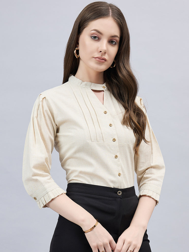 Style Quotient Women Solid Beige Linen Puff Sleeve Rrgular Formal Shirt-Shirts-StyleQuotient