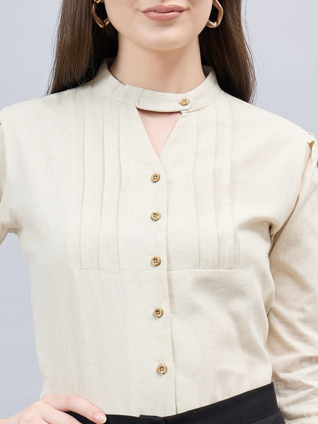 Style Quotient Women Solid Beige Linen Puff Sleeve Rrgular Formal Shirt-Shirts-StyleQuotient