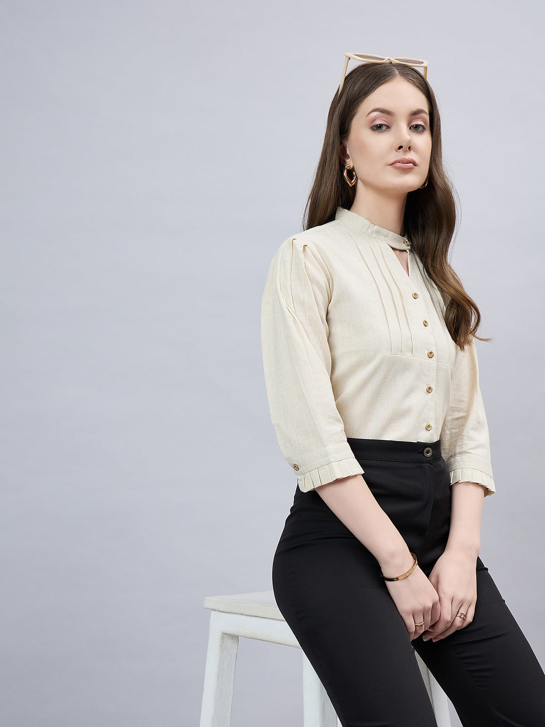 Style Quotient Women Solid Beige Linen Puff Sleeve Rrgular Formal Shirt-Shirts-StyleQuotient