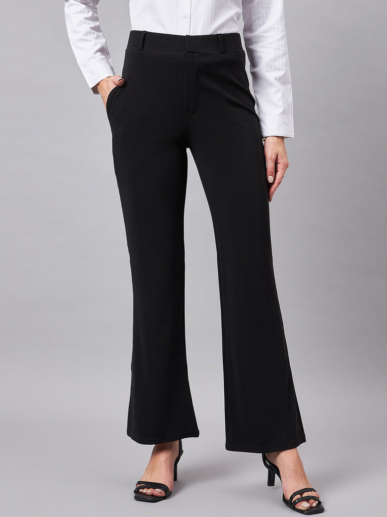 Style Quotient Women Solid Black Self Design Polyester Formal Trouser-Trousers-StyleQuotient