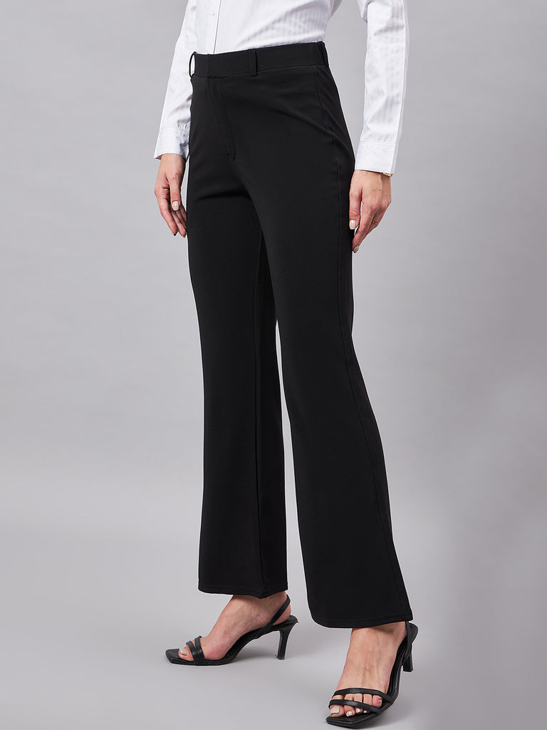 Style Quotient Women Solid Black Self Design Polyester Formal Trouser-Trousers-StyleQuotient