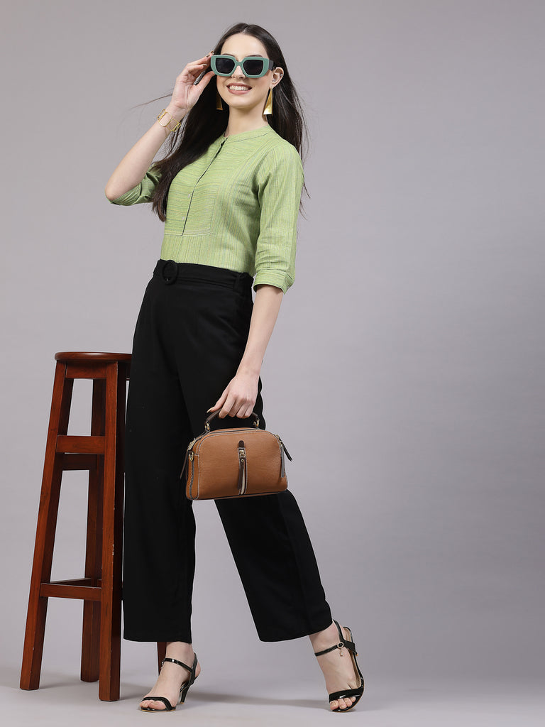 Style Quotient Women Self Design Lime Green Linen Regular Fit Smart Casual Top-Tops-StyleQuotient