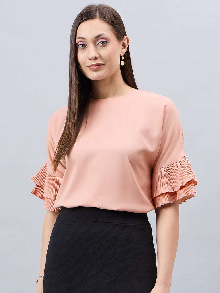 Style Quotient Women Solid Nude Polymoss Relaxed Fit Smart Casual Top-Tops-StyleQuotient