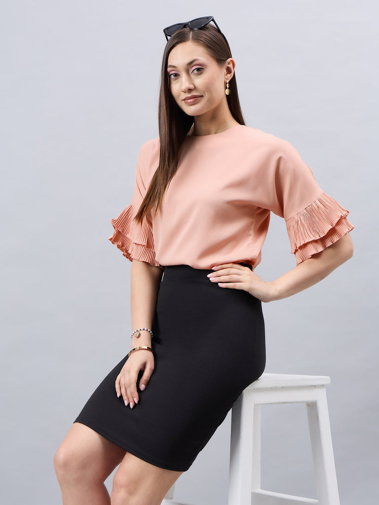 Style Quotient Women Solid Nude Polymoss Relaxed Fit Smart Casual Top-Tops-StyleQuotient