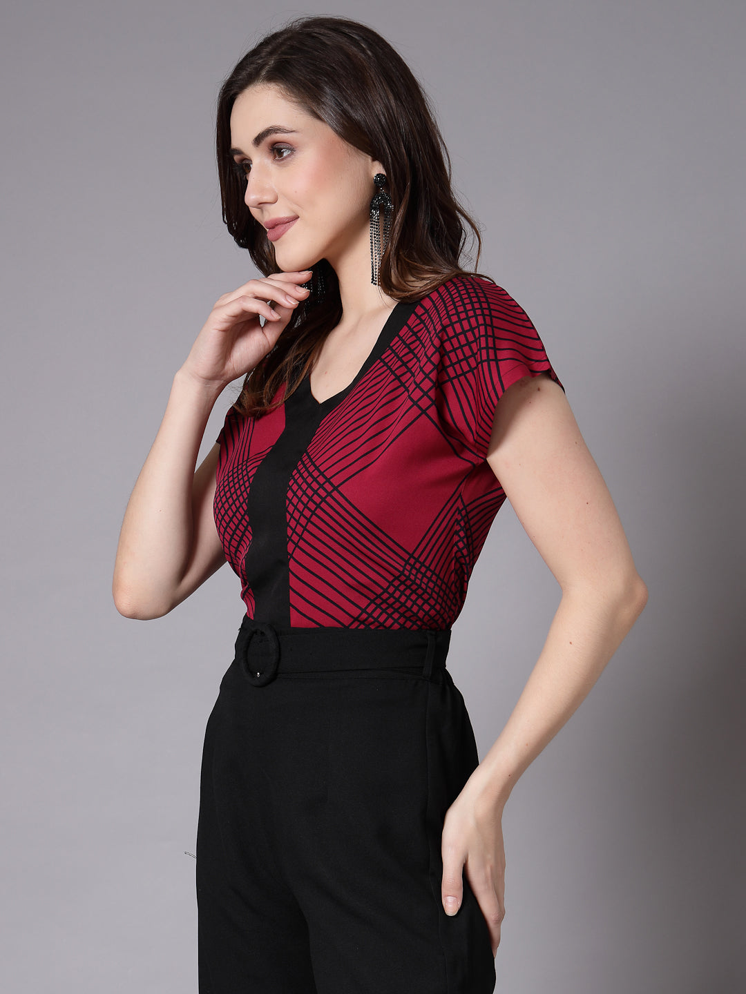 Style Quotient Women Smart Contrast Top with drop Shoulder V-neck Top-Tops-StyleQuotient