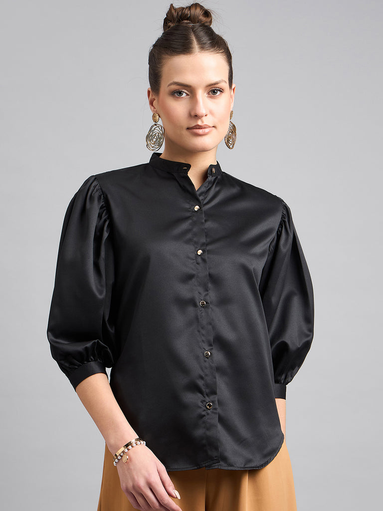 Style Quotient Women Solid Black Satin Regular Fit Party Shirt-Shirts-StyleQuotient