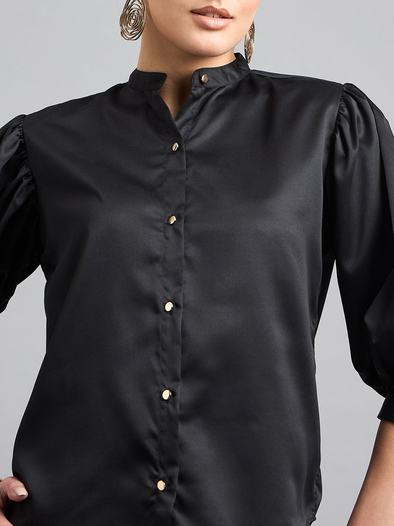 Style Quotient Women Solid Black Satin Regular Fit Party Shirt-Shirts-StyleQuotient