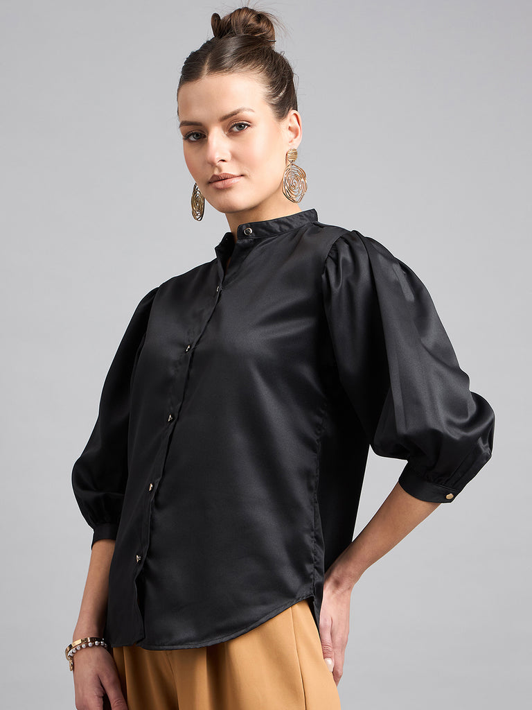 Style Quotient Women Solid Black Satin Regular Fit Party Shirt-Shirts-StyleQuotient